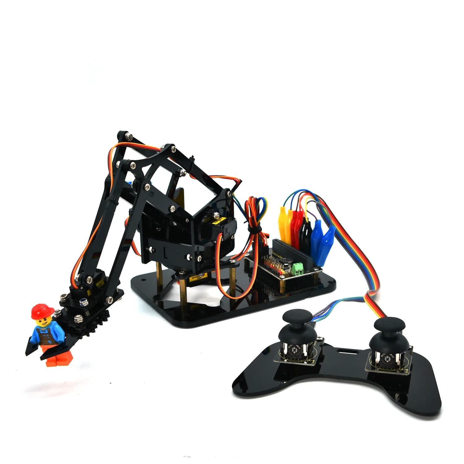 cánh tay robot màu đen nhìn từ phía trước, cùng tay điều khiển cần gạt