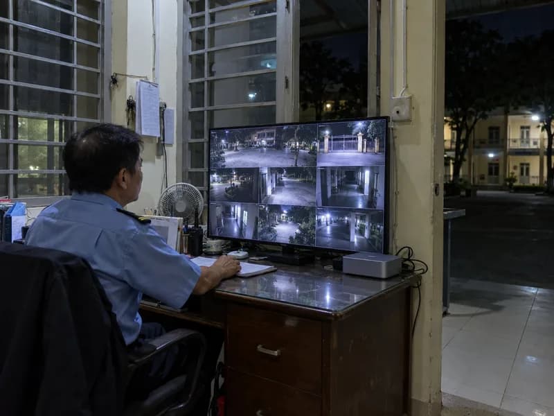 Bảo vệ trường theo dõi camera sân trường ban đêm trên màn hình chia ô