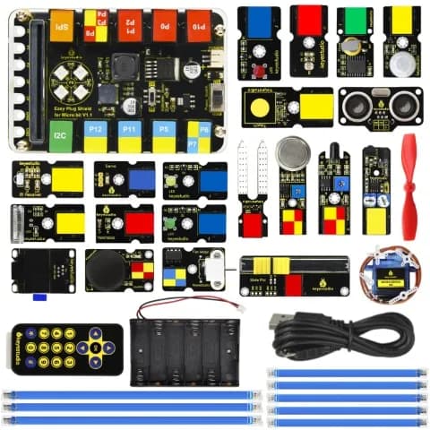 Bộ học micro:bit EASY Plug KS4023 gồm bo mạch micro:bit V2, shield mở rộng và các mô-đun cảm biến cắm nhanh