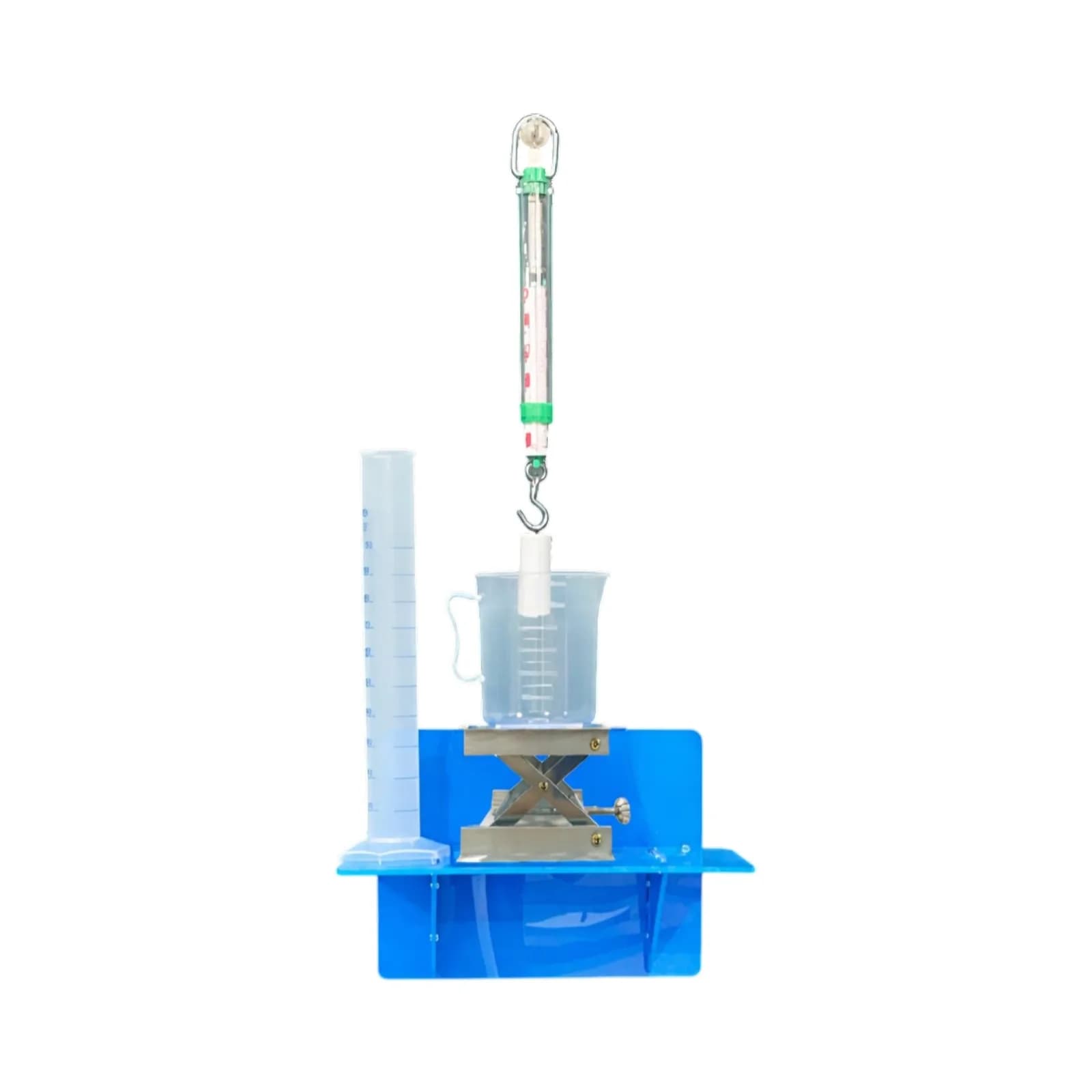 Bộ thí nghiệm định luật Archimedes gắn bảng gồm lực kế giá nâng cốc đo và ống đong