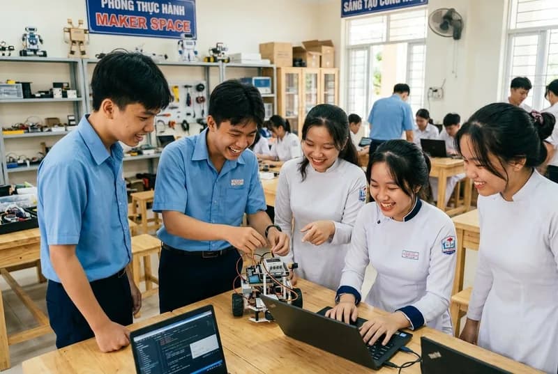 Học sinh phổ thông Việt Nam thực hành chế tạo sáng tạo và trải nghiệm trí tuệ nhân tạo trong phòng Maker Space STEM