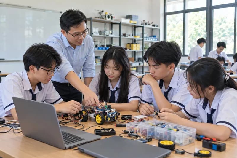 Học sinh thực hành nghiên cứu chế tạo và lập trình trong phòng STEM