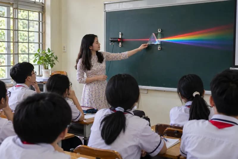 Giáo viên giảng dạy thí nghiệm quang hình gắn trên bảng từ tính trong lớp học Khoa học tự nhiên