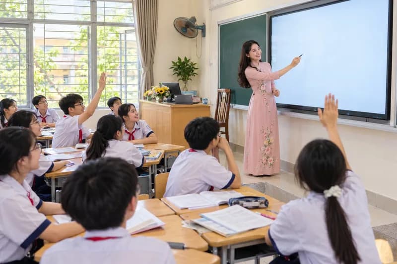 Giáo viên và học sinh tương tác học tập trong phòng học thông minh trường phổ thông
