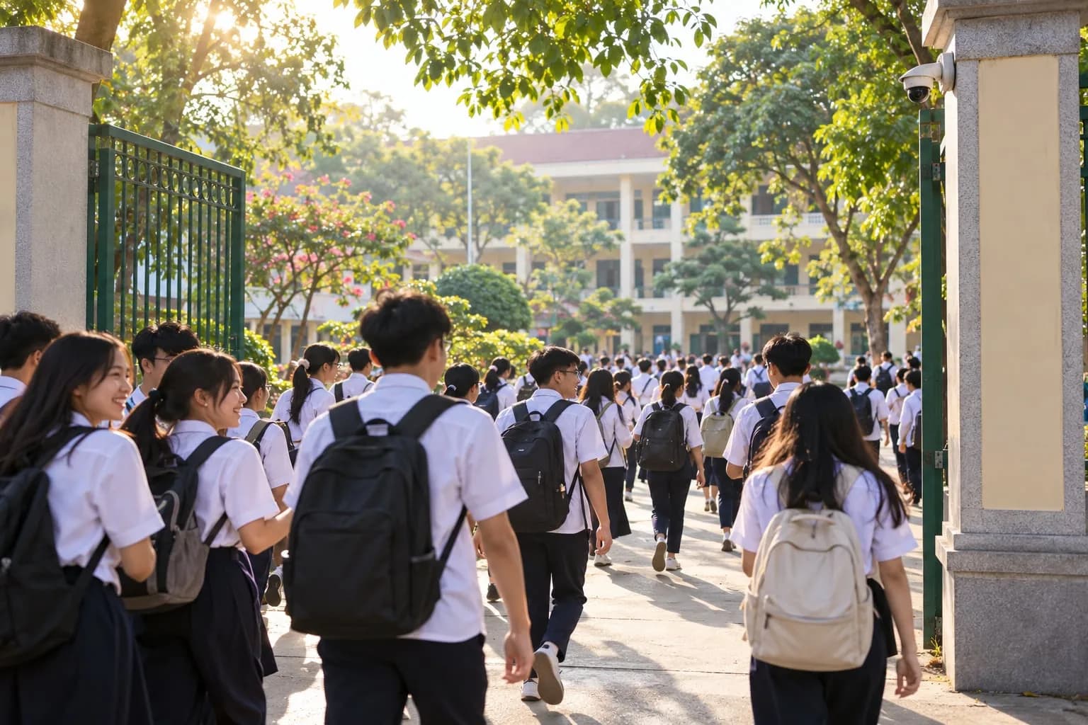 Học sinh đi qua cổng trường buổi sáng, camera gắn trên cột cổng ghi nhận điểm danh