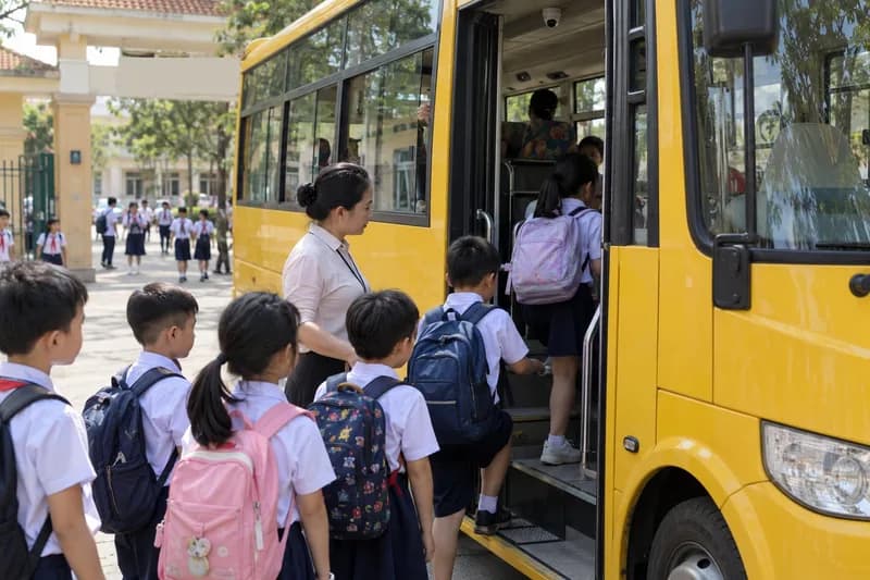 Học sinh lên xe đưa đón, camera phía trên cửa xe ghi nhận từng em