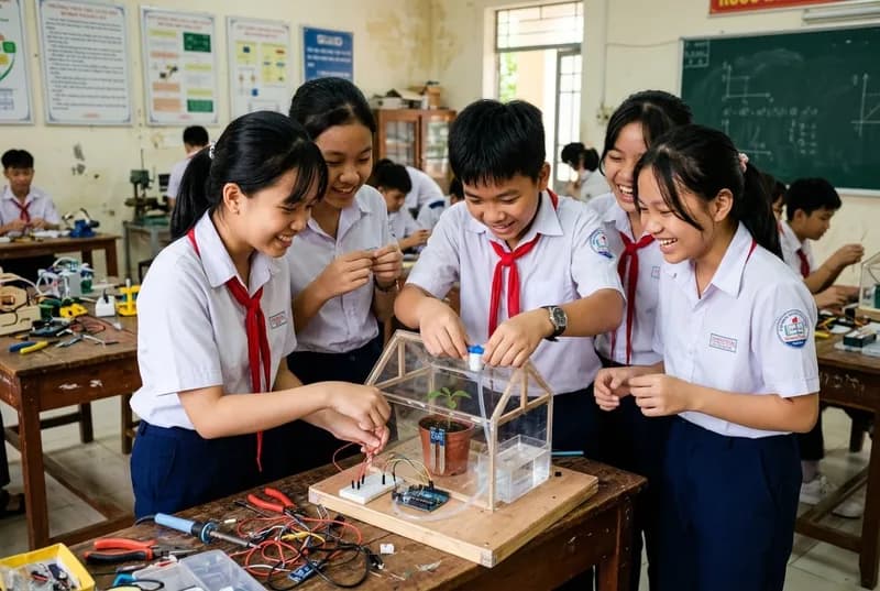 Học sinh THCS thực hành lắp ráp mô hình nhà kính thông minh IoT tự động tưới tiêu trong phòng học STEM