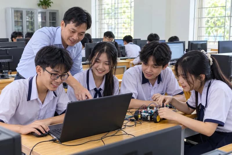 Học sinh thực hành kết nối robot giáo dục và cảm biến AIoT trong phòng máy tính Tin học