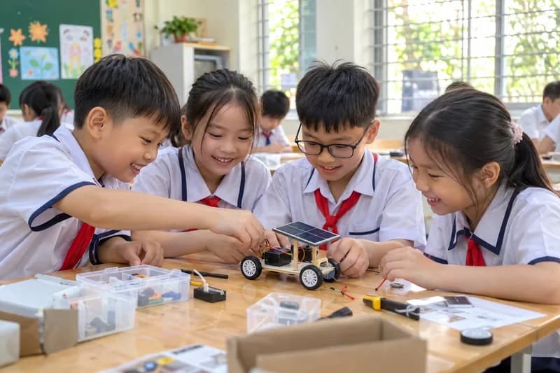 Học sinh tiểu học đang thực hành lắp ráp mô hình xe chạy bằng năng lượng mặt trời trong lớp học STEM