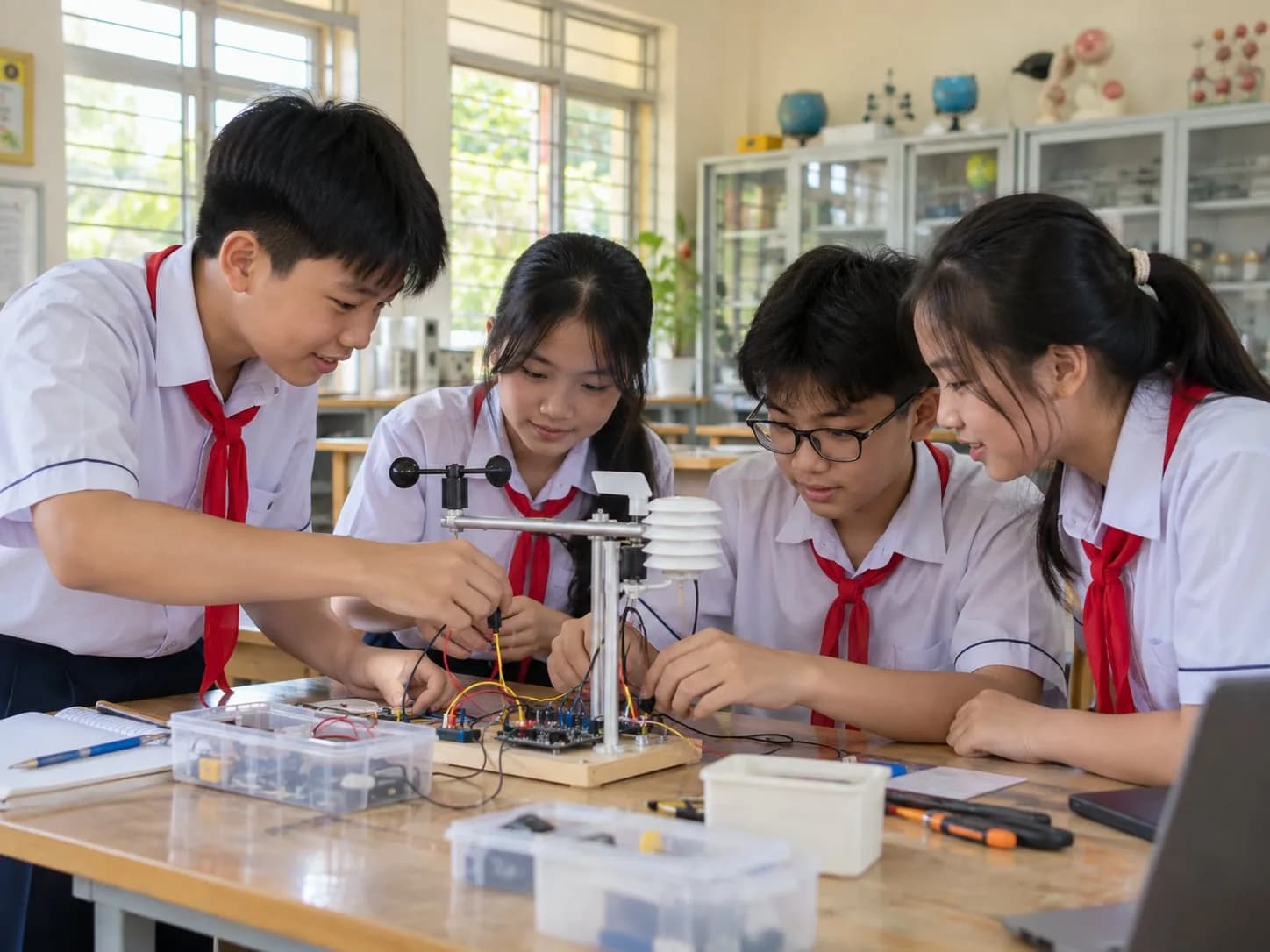 Học sinh trung học cơ sở Việt Nam đang thực hành lắp ráp và quan trắc trạm khí tượng mini trong phòng thực hành STEM