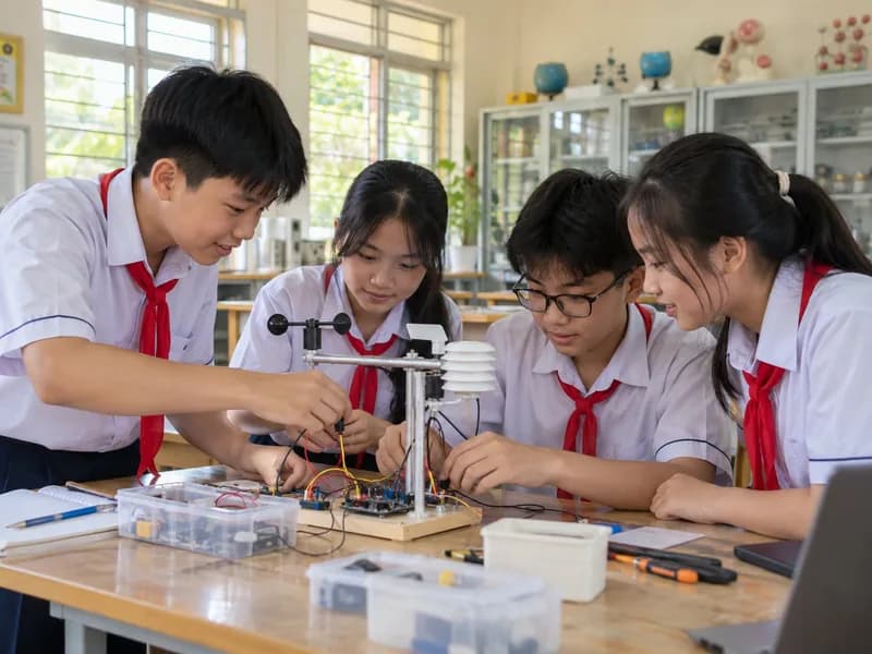 Học sinh trung học cơ sở Việt Nam đang thực hành lắp ráp và quan trắc trạm khí tượng mini trong phòng thực hành STEM
