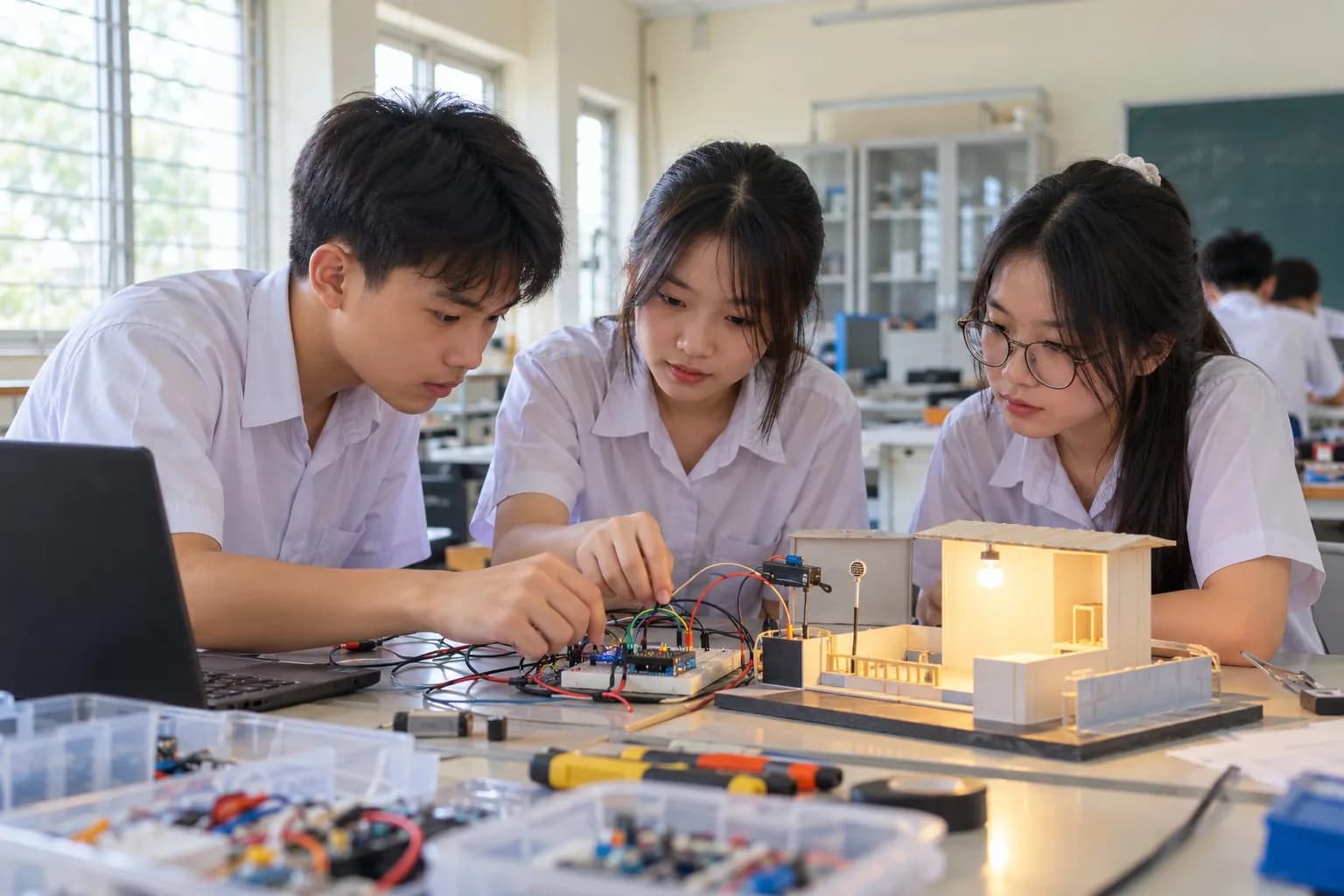Học sinh trung học phổ thông Việt Nam đang thực hành lập trình vi điều khiển và cảm biến ánh sáng trong phòng thực hành STEM