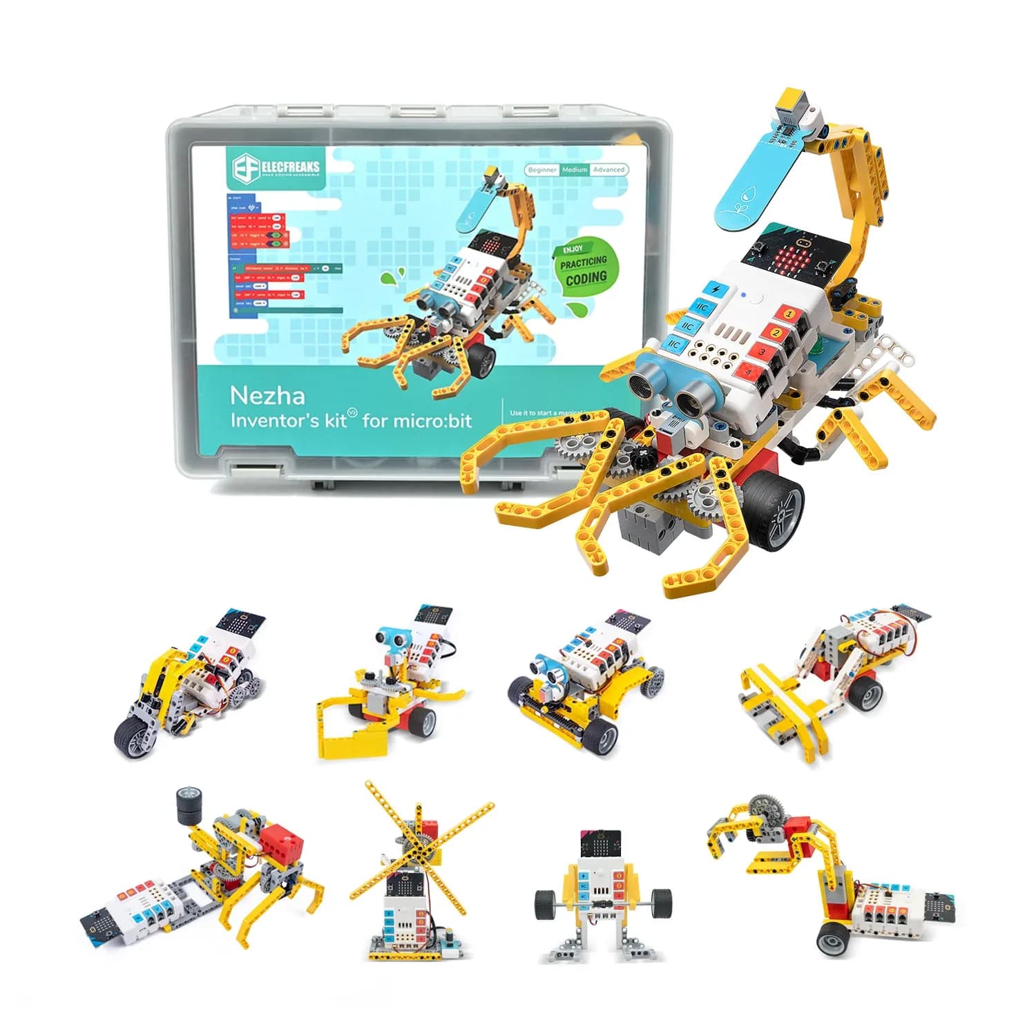 Hộp bộ Elecfreaks Nezha Inventor's Kit V2 cùng các mô hình robot lắp được