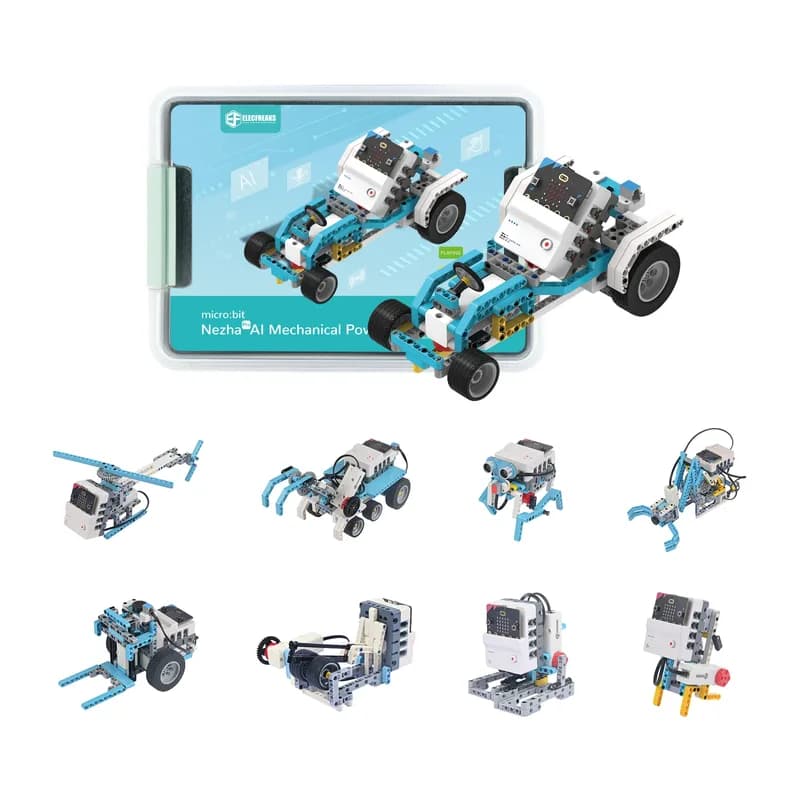 Hộp bộ Elecfreaks Nezha Pro AI Mechanical Power Kit cùng các mô hình cơ khí lắp được