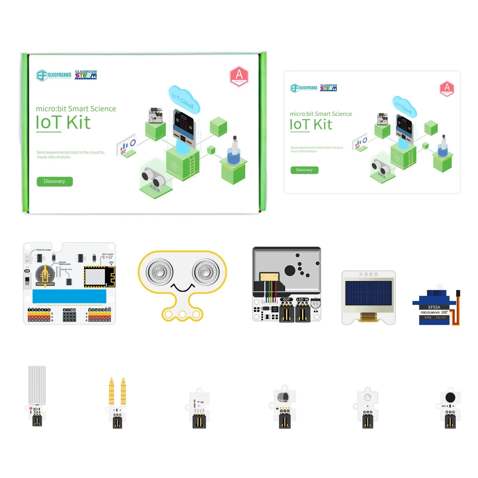 Hộp và các thành phần của bộ Elecfreaks micro:bit Smart Science IoT Kit: bo mở rộng, cảm biến, màn hình OLED, động cơ servo