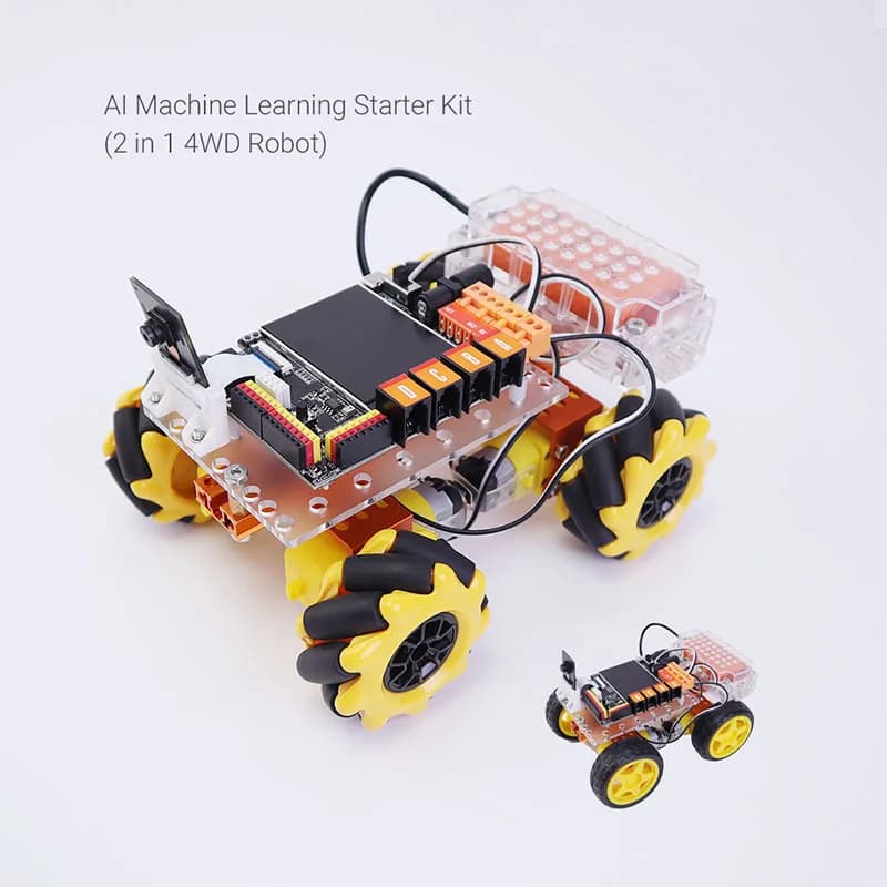 xe robot bốn bánh Mecanum thân trong suốt đã lắp, cạnh một xe nhỏ hơn