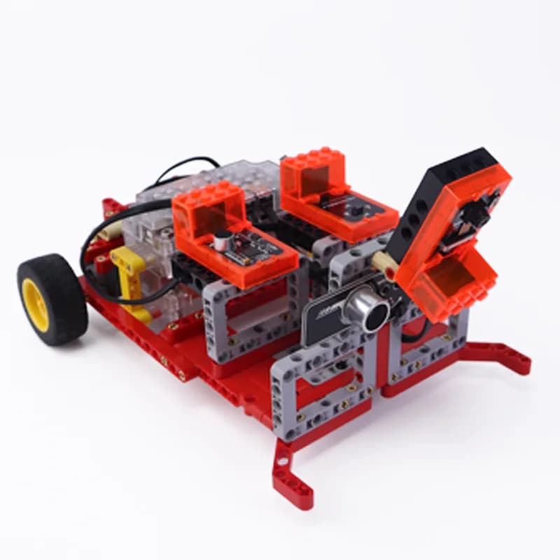 xe robot màu đỏ xám đã lắp hoàn chỉnh, bánh xe vàng và mô-đun siêu âm