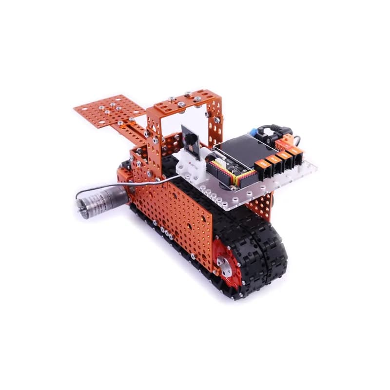 xe xích robot màu cam gắn bo mạch điều khiển có màn hình, nhìn chéo