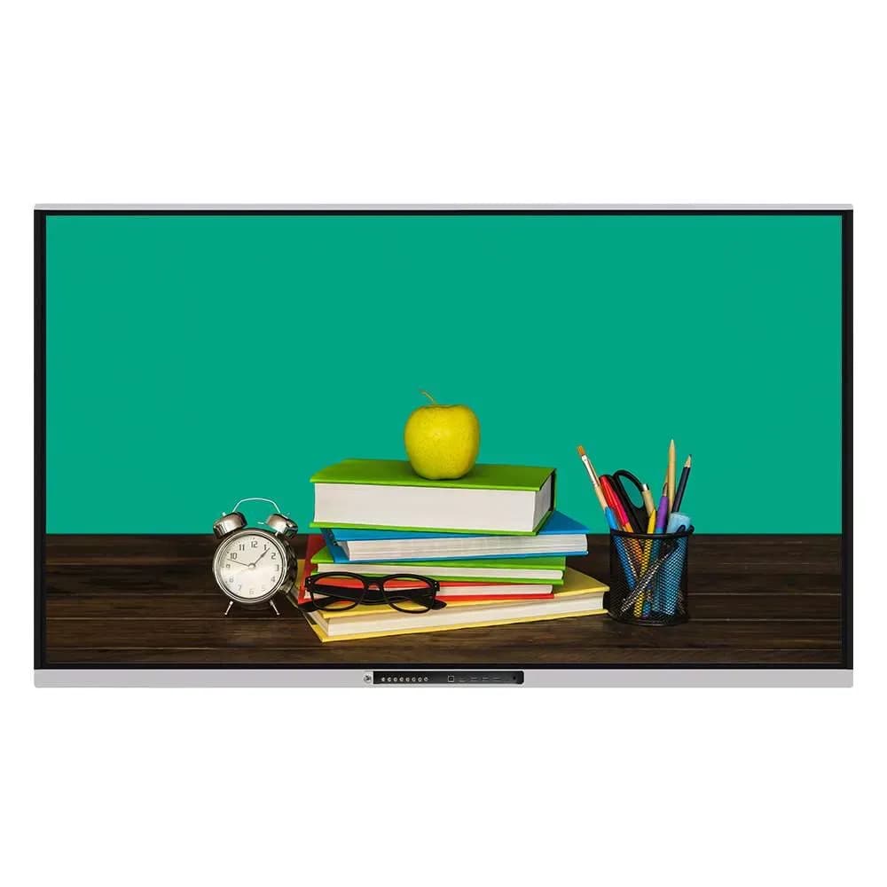 Màn hình tương tác EIBOARD FC-65LED hiển thị hình nền xanh lá với chồng sách, quả táo và đồng hồ để bàn