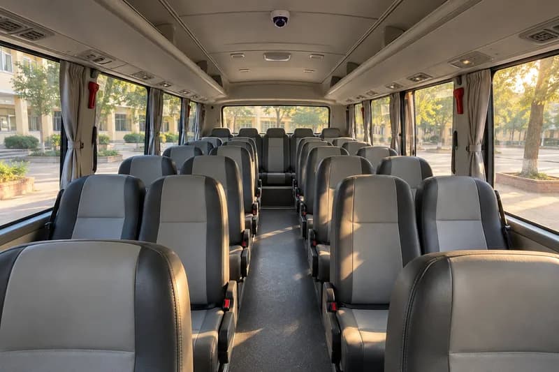 Khoang xe đưa đón trống cuối hành trình, camera trên trần bao quát các hàng ghế