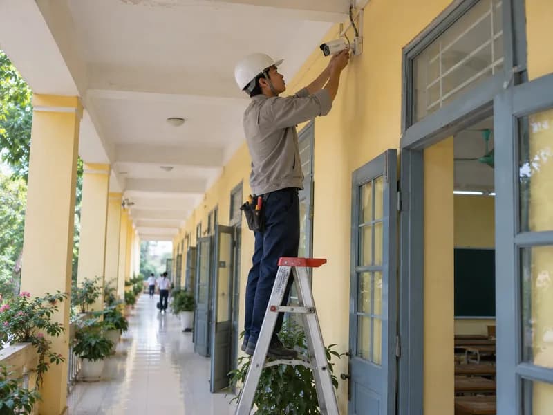 Kỹ thuật viên lắp camera nhận diện ở hành lang trường học