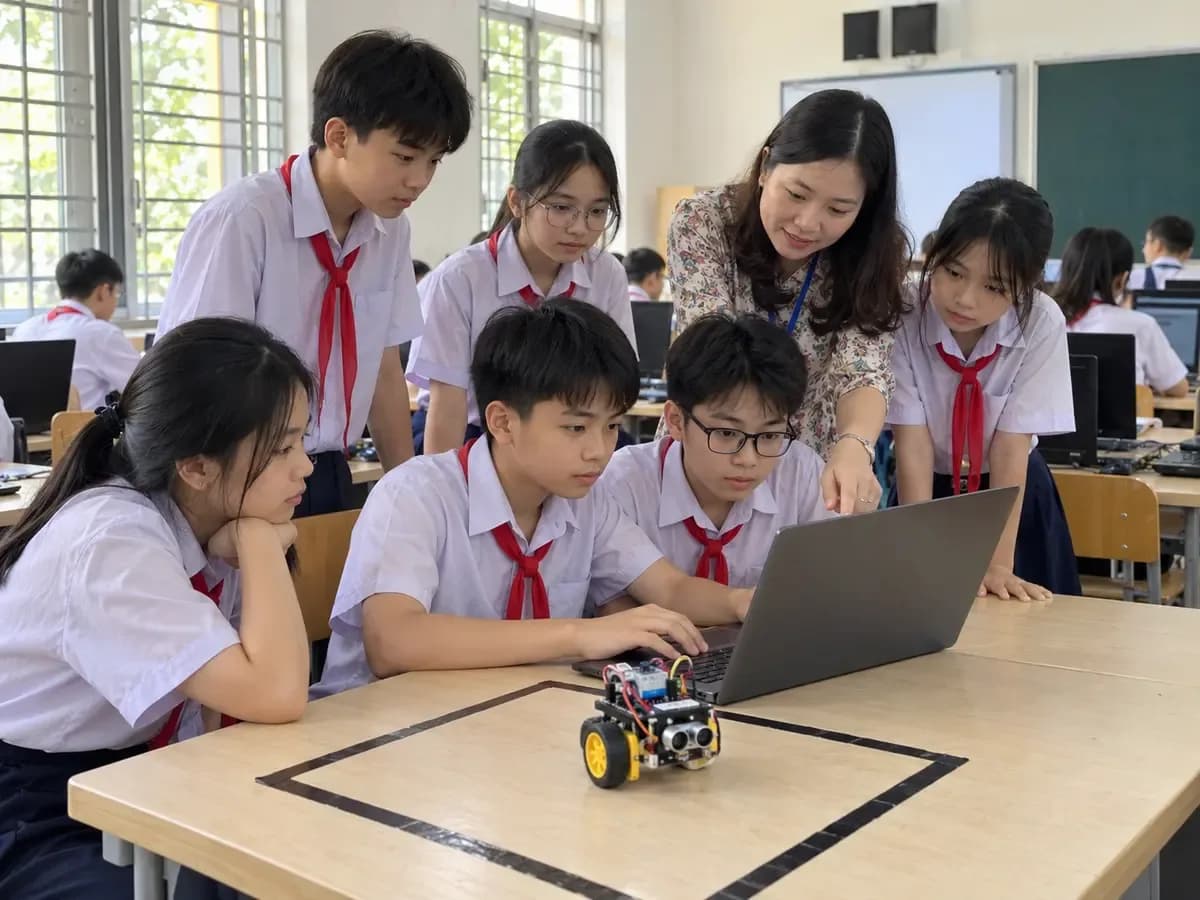 Học sinh THCS lập trình cho robot nhỏ chạy theo đường kẻ trên bàn trong giờ Tin học