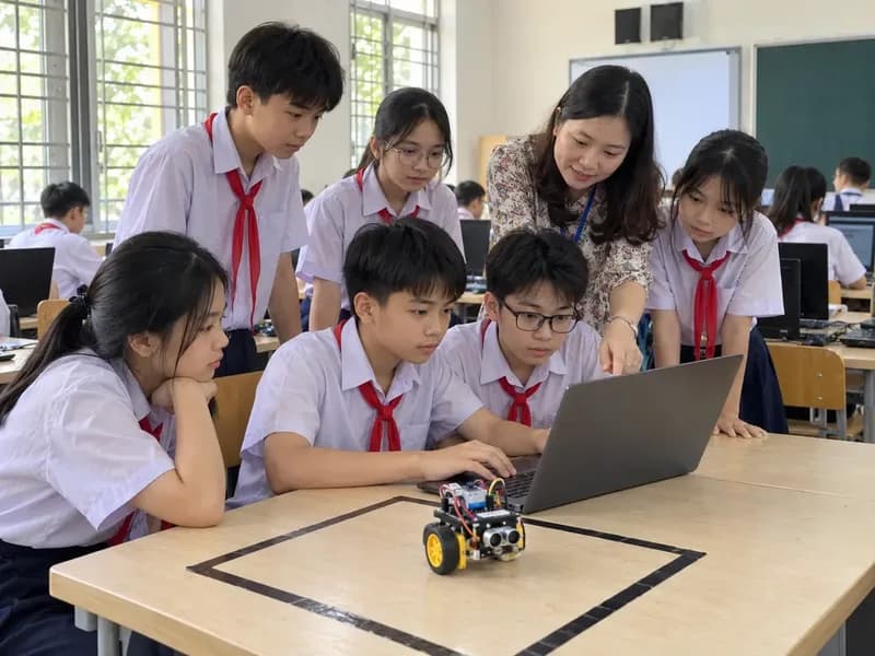 Học sinh THCS lập trình cho robot nhỏ chạy theo đường kẻ trên bàn trong giờ Tin học