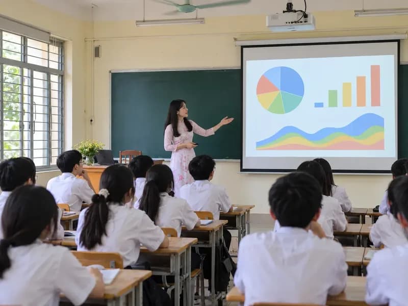 Giáo viên giảng bài trên màn chiếu có máy chiếu treo trần trong lớp học THPT