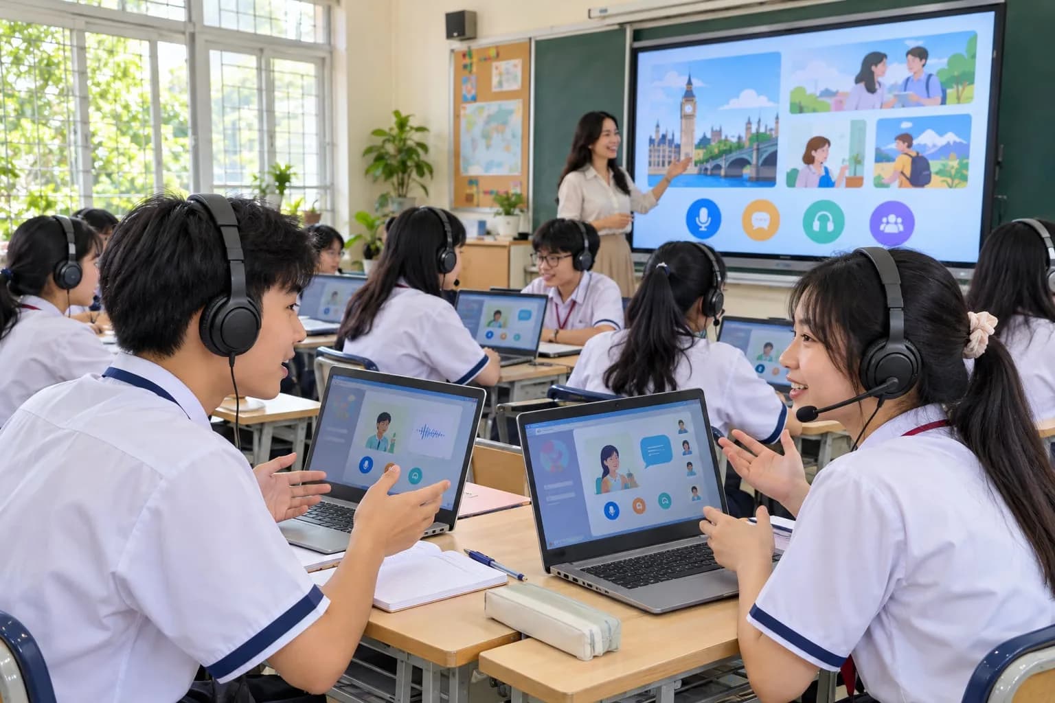 Học sinh thực hành giao tiếp trong phòng học ngoại ngữ thông minh