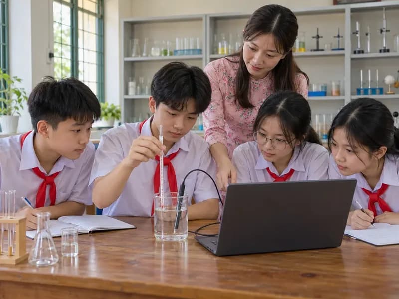Học sinh THCS đo nhiệt độ nước bằng nhiệt kế trong giờ thí nghiệm Khoa học tự nhiên