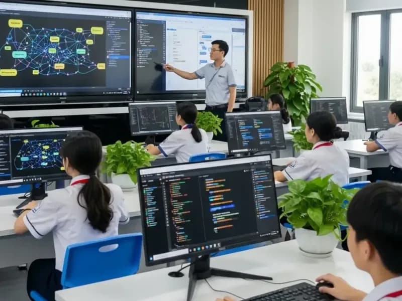 Học sinh làm việc trên máy tính trong phòng tin học, giáo viên chỉ vào màn hình lớn phía trước