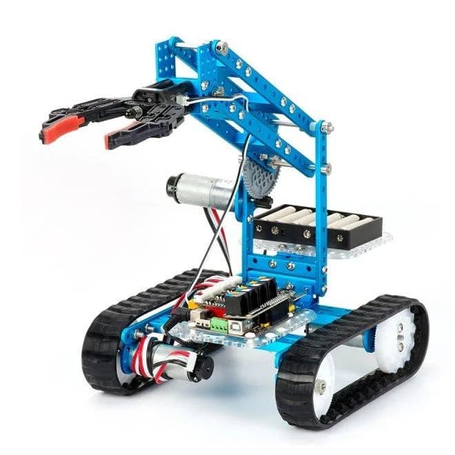Robot xích có tay gắp lắp từ bộ Makeblock Ultimate 2.0 bằng khung nhôm màu xanh