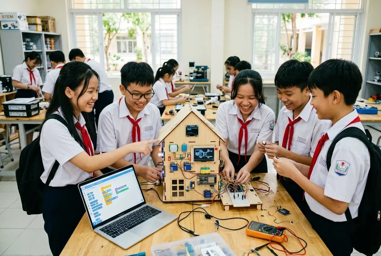 Học sinh THCS thực hành lắp ráp và lập trình mô hình nhà thông minh IoT