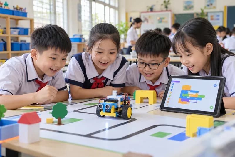 Học sinh tiểu học thực hành lập trình robot giáo dục di chuyển trên sa hình