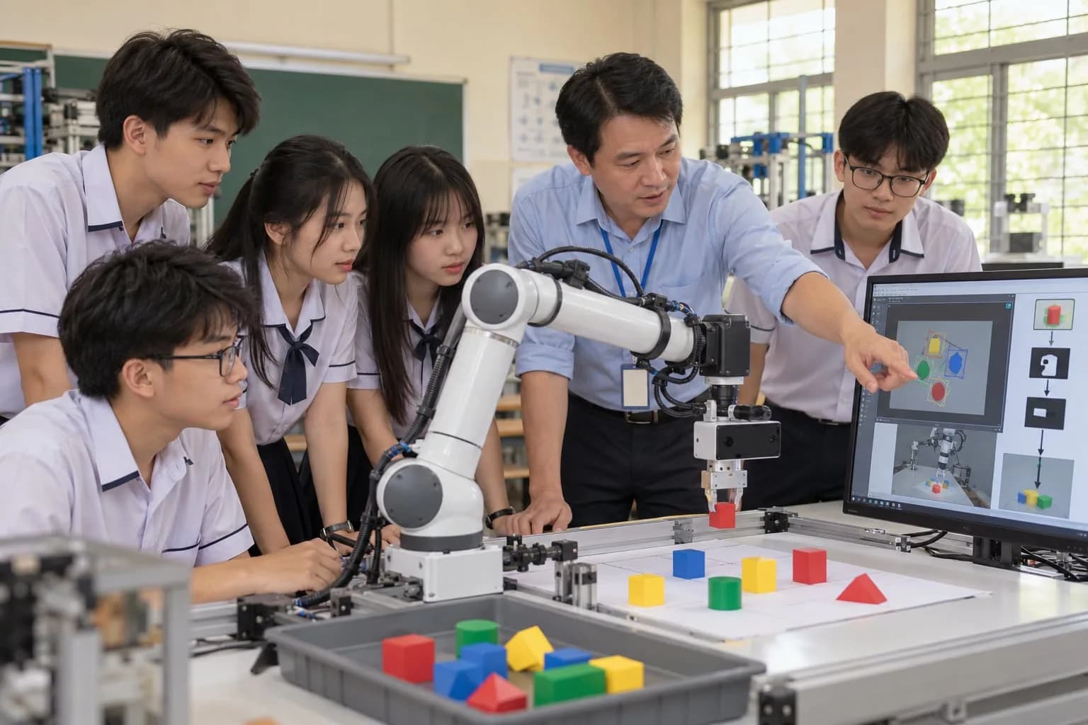 Học sinh THPT lớp 12 thực hành lập trình tay máy robot AI thị giác 3D phân loại vật thể trong phòng thực hành Tin học Công nghệ