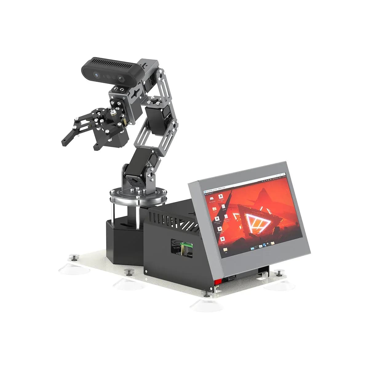 Tay máy robot 6 bậc tự do Yahboom DOFBOT Ultra đặt cạnh màn hình điều khiển