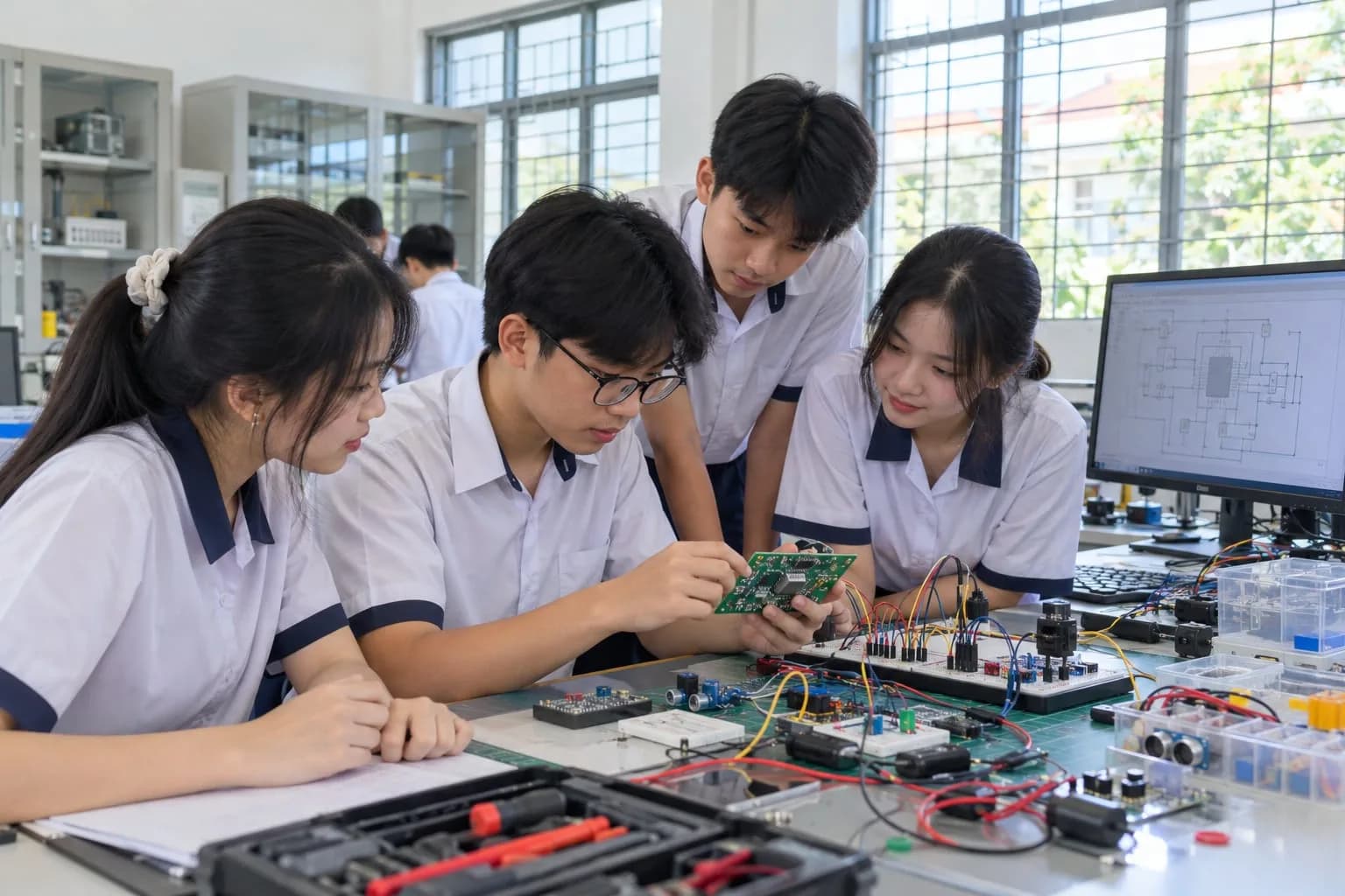 Học sinh THPT thực hành trải nghiệm mạch vi xử lý và công nghệ bán dẫn trong phòng thực hành