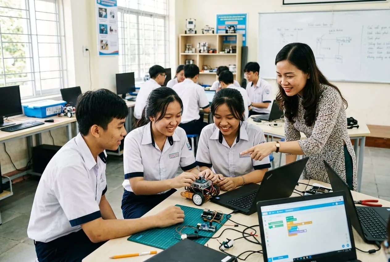 Học sinh phổ thông thực hành ứng dụng trí tuệ nhân tạo AI và robot trong lớp học hiện đại