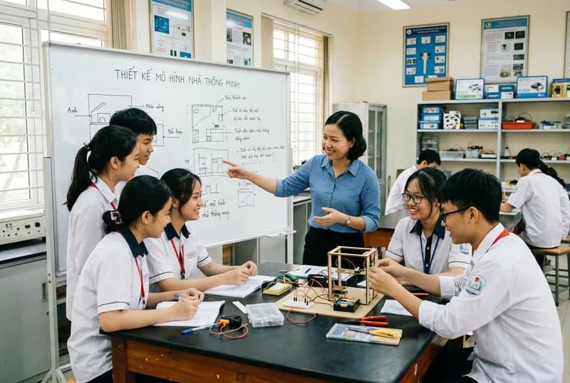 Giáo viên và học sinh phổ thông thảo luận kế hoạch bài dạy STEM và thực hành lắp ráp mô hình kỹ thuật